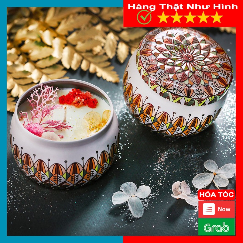 Nến Thơm Hoa Khô Thiên Nhiên, Sáp Thơm Cao Cấp Chính Hãng, Hộp Thiếc Hoa Văn - MTDDT