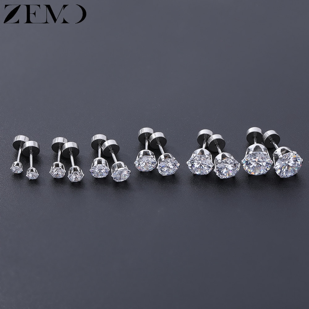 Bộ 6 cặp khuyên tai bằng thép không gỉ 316L mạ vàng hồng đính đá zircon kích thước 3-8mm