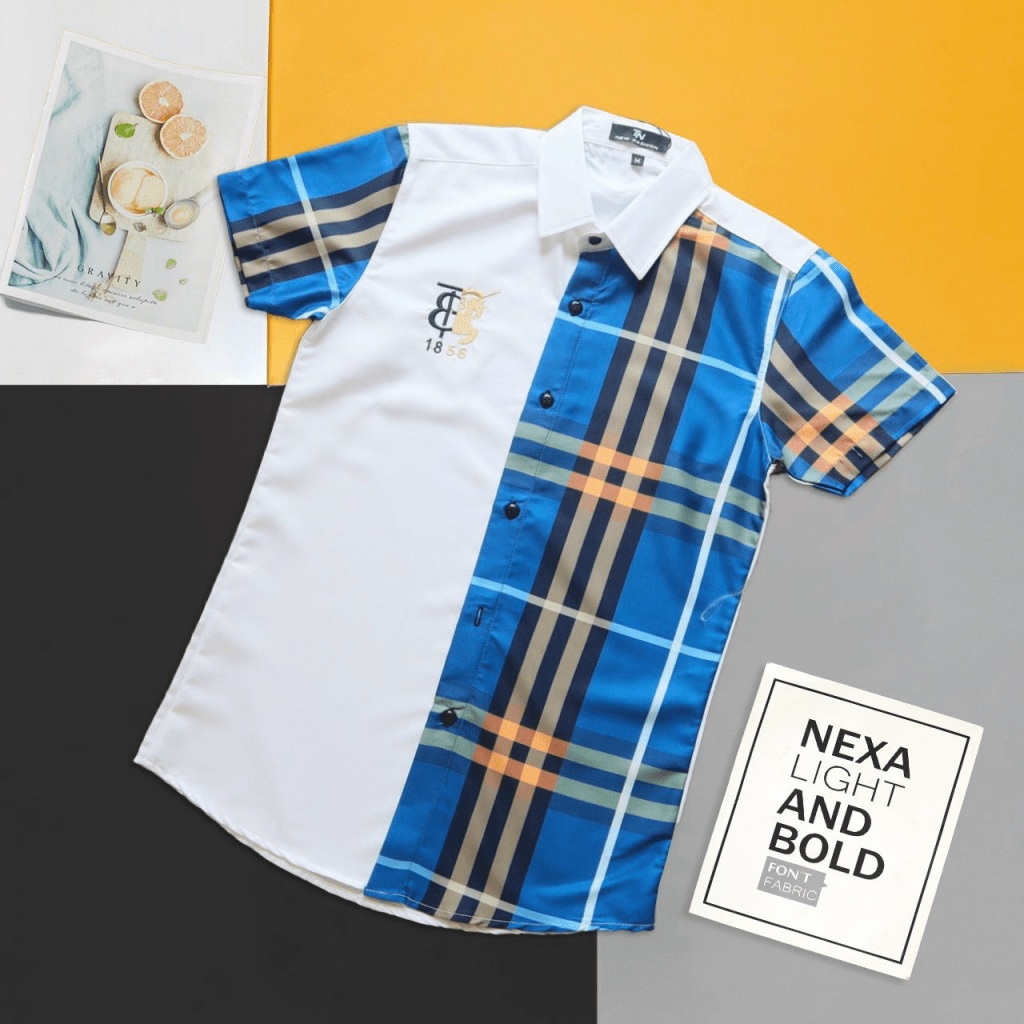 Áo Sơ Mi Nam Tay Ngắn Phối Nửa Sọc Caro 4 màu Logo Thêu Nổi Vải Lụa Ép Nhiệt 3D Phong Cách Thời Trang Mới [NEW UNISEX]