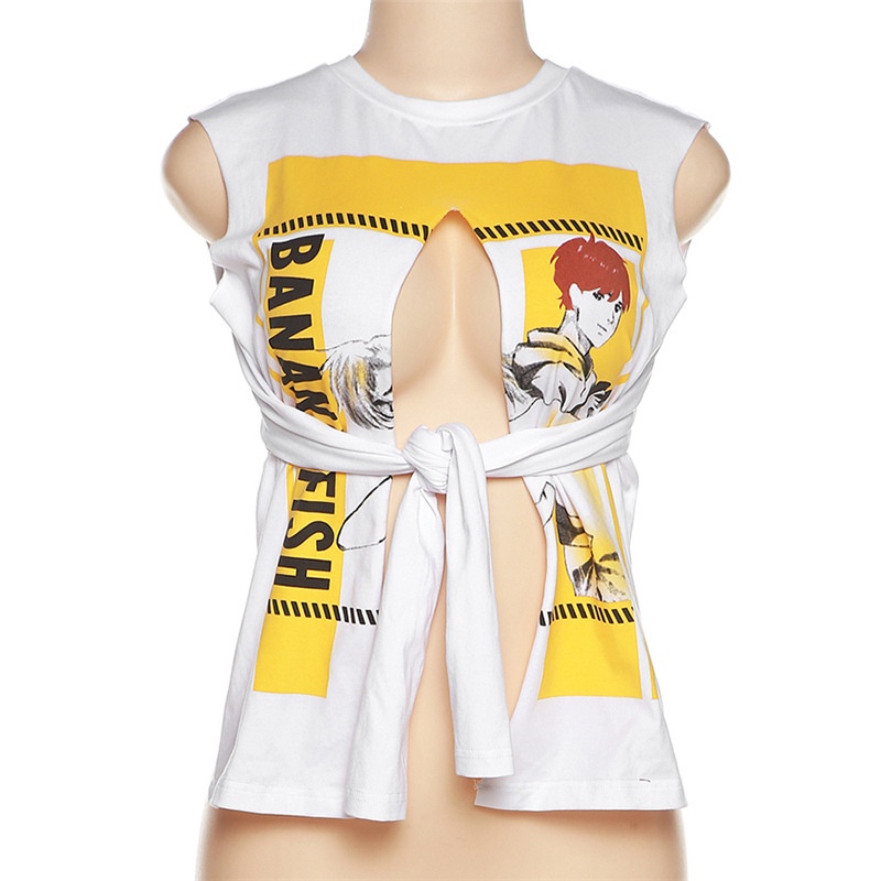 Áo Tank Top Sát Nách Cổ Tròn In Hình Anime Xẻ Tà Thắt Nơ Gợi Cảm Cho Bạn Gái