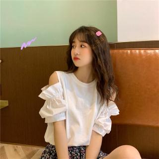 ❤Giao hàng trong 24h❤[Áo thun đeo vai rò rỉ nữ] Boutique❤Chứa Cotton Nửa Tay Nữ Sinh Viên Phiên Bản Hàn Quốc Rời Rò Rỉ Vai Áo Thun Nữ 2021 Niche Design Top ins t