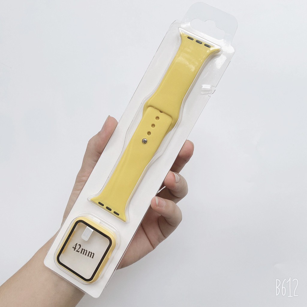 Bộ Ốp kính cường lực 9H và Dây đeo màu chống bẩn bảo vệ đồng hồ Apple Watch size 38mm 40mm 42mm 44mm cho các loại Series