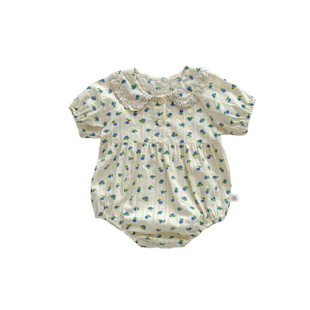 Bộ Áo Liền Quần Tay Ngắn Vải Cotton In Hoa Xinh Xắn Cho Bé Gái Từ 0-2 Tuổi