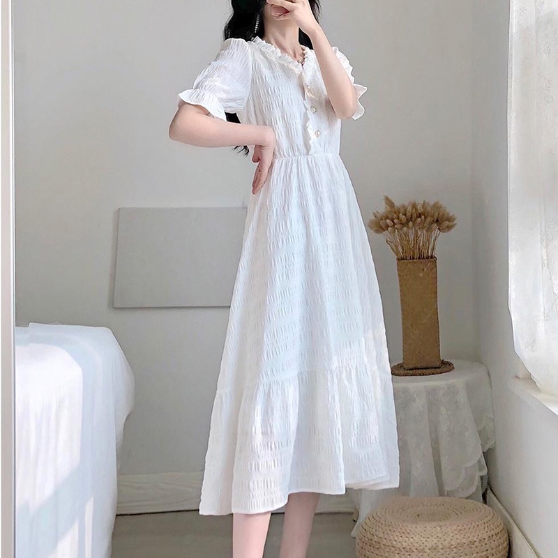 Đầm trắng IELGY tay ngắn cổ chữ V phong cách thời trang Pháp