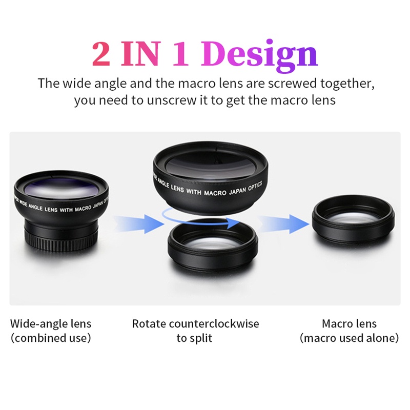 Lens chụp ảnh cho điện thoại 2 in 1 Set ống kính 0.45x góc siêu rộng & ống kính macro 12.5x có kẹp gắn dùng cho điện thoại