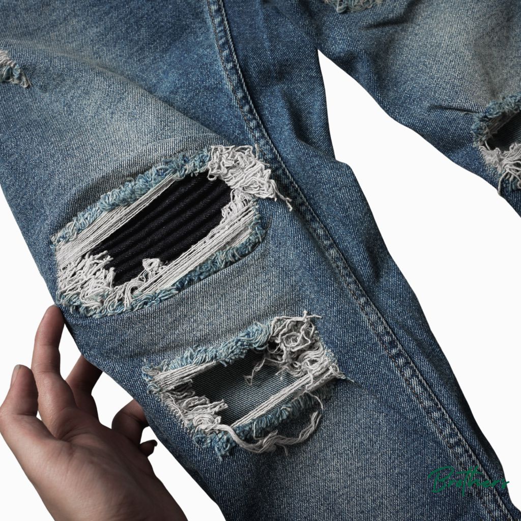 Quần jean nam xanh rách gối cực bụi, co giãn bao tốt