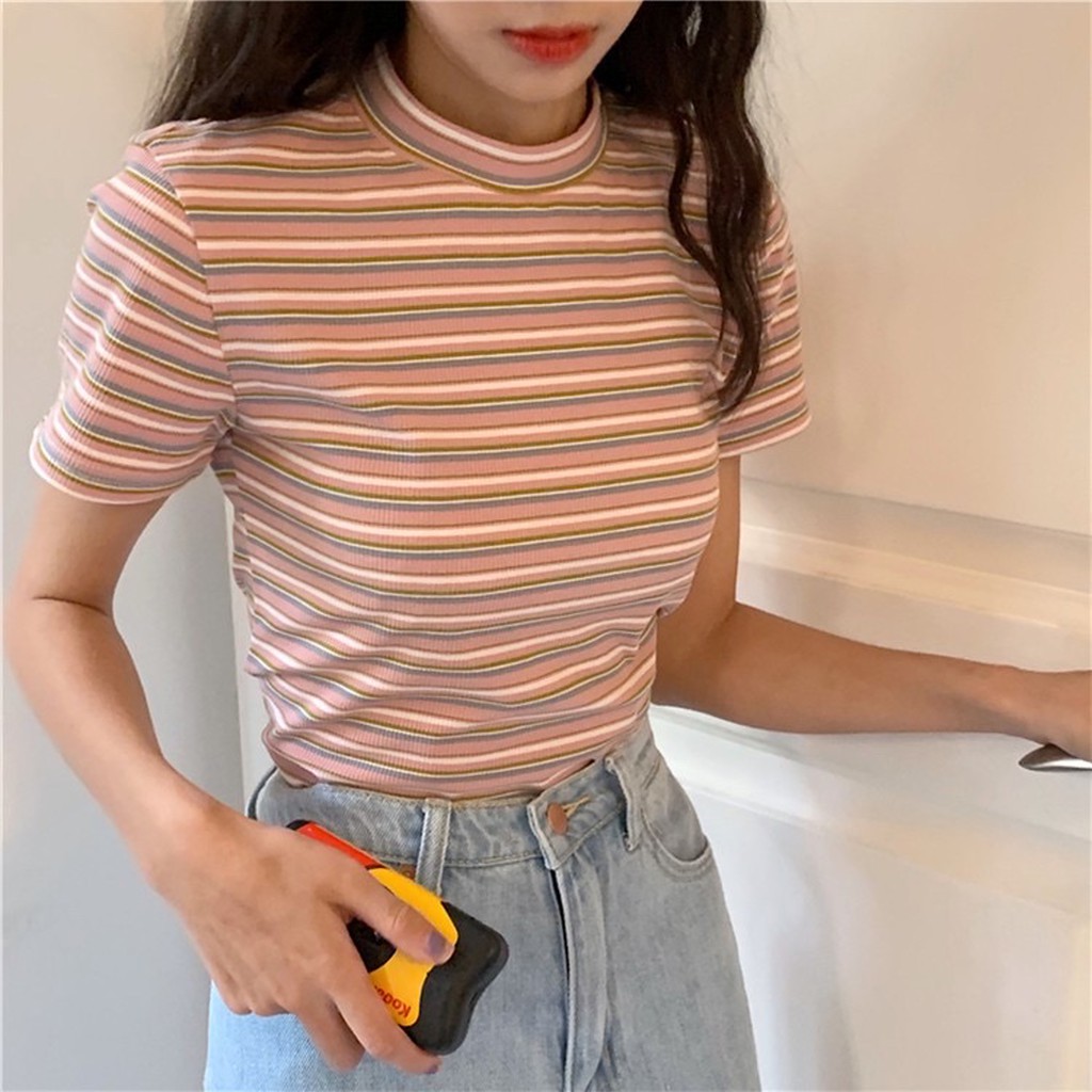 [Mã 11FASHIONSALE1 giảm 10K đơn 50K] Áo thun ngắn tay/ áo phông kẻ cổ tròn dáng ôm body nhiều màu freesize dễ mix đồ | BigBuy360 - bigbuy360.vn