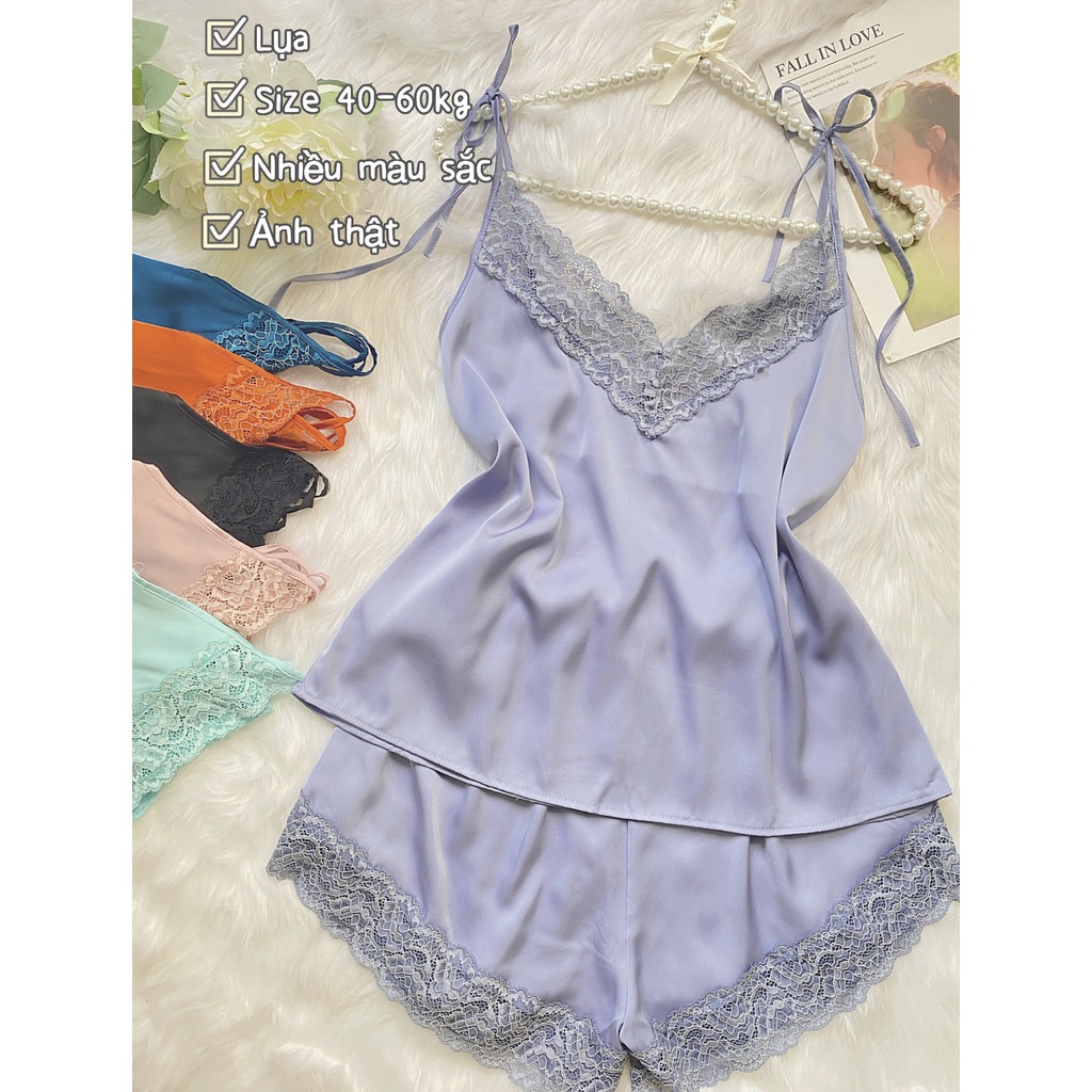 SẴN HÀNG Q11 -LL816 Đồ bộ lụa mặc nhà sexy - đồ bộ hai dây phối ren -cochunhochuyensi