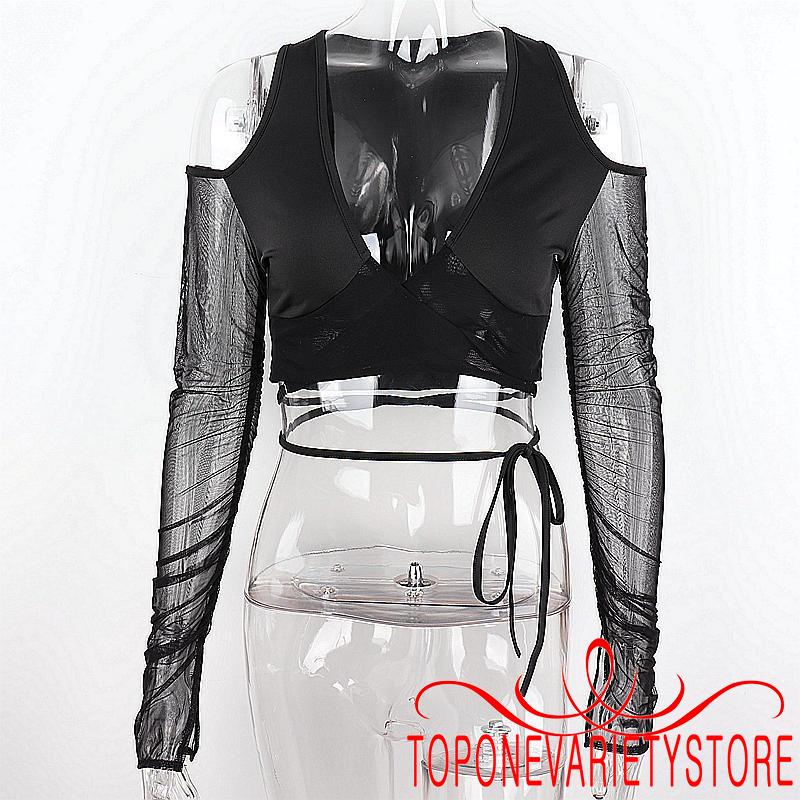 TOPQ-Women Bandage V-neck Solid Color Casual Cold Shoulder Long Sleeve Crop Tops