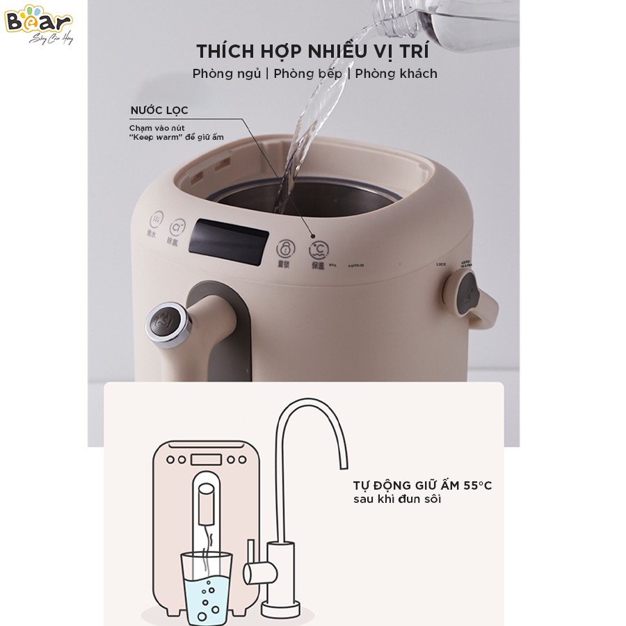 Bình đun nước thủy điện thông minh Bear KE-B30V1 3 Lít, chế độ khử clo và khoá trẻ em an toàn