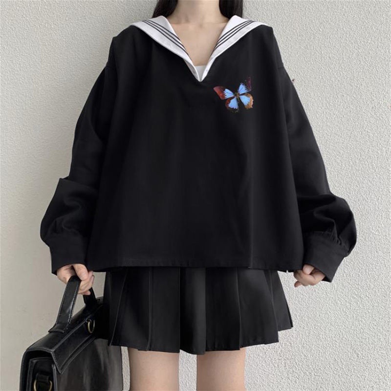 Set áo hoodie tay dài dáng rộng + chân váy đồng phục JK phong cách thời trang