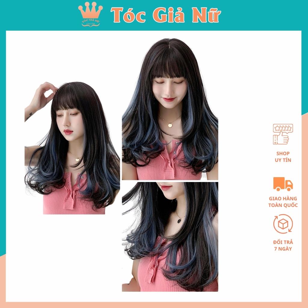 Tóc giả nữ nguyên đầu xoăn nhẹ phối line xanh dương, mẫu lửng 45cm, tặng lưới wig, TGN, C8267