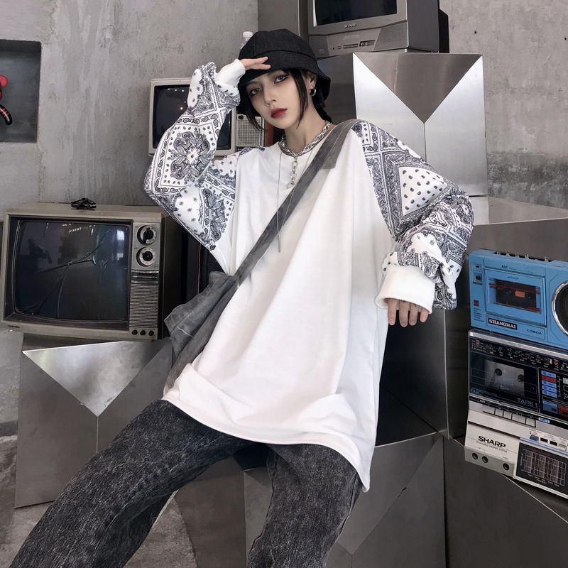 Áo thun IELGY tay dài dáng rộng in họa tiết hoa phong cách retro thời trang cho nữ