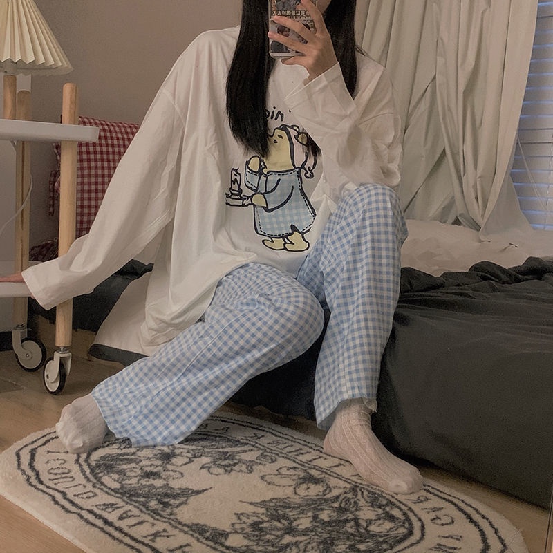 Bộ Đồ Ngủ Tay Dài In Hoạt Hình Winnie the Pooh Phong Cách Hàn Quốc Thời Trang Cho Nữ