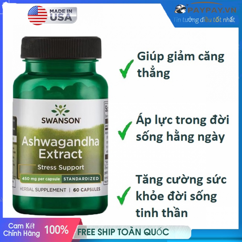 Viên uống nhân sâm Ấn Độ giúp giảm căng thẳng lo âu hỗ trợ tuyến giáp tuyến thượng thận Swanson Ashwagandha