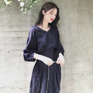 Đầm váy freesize đen tay lỡ đan dây eo