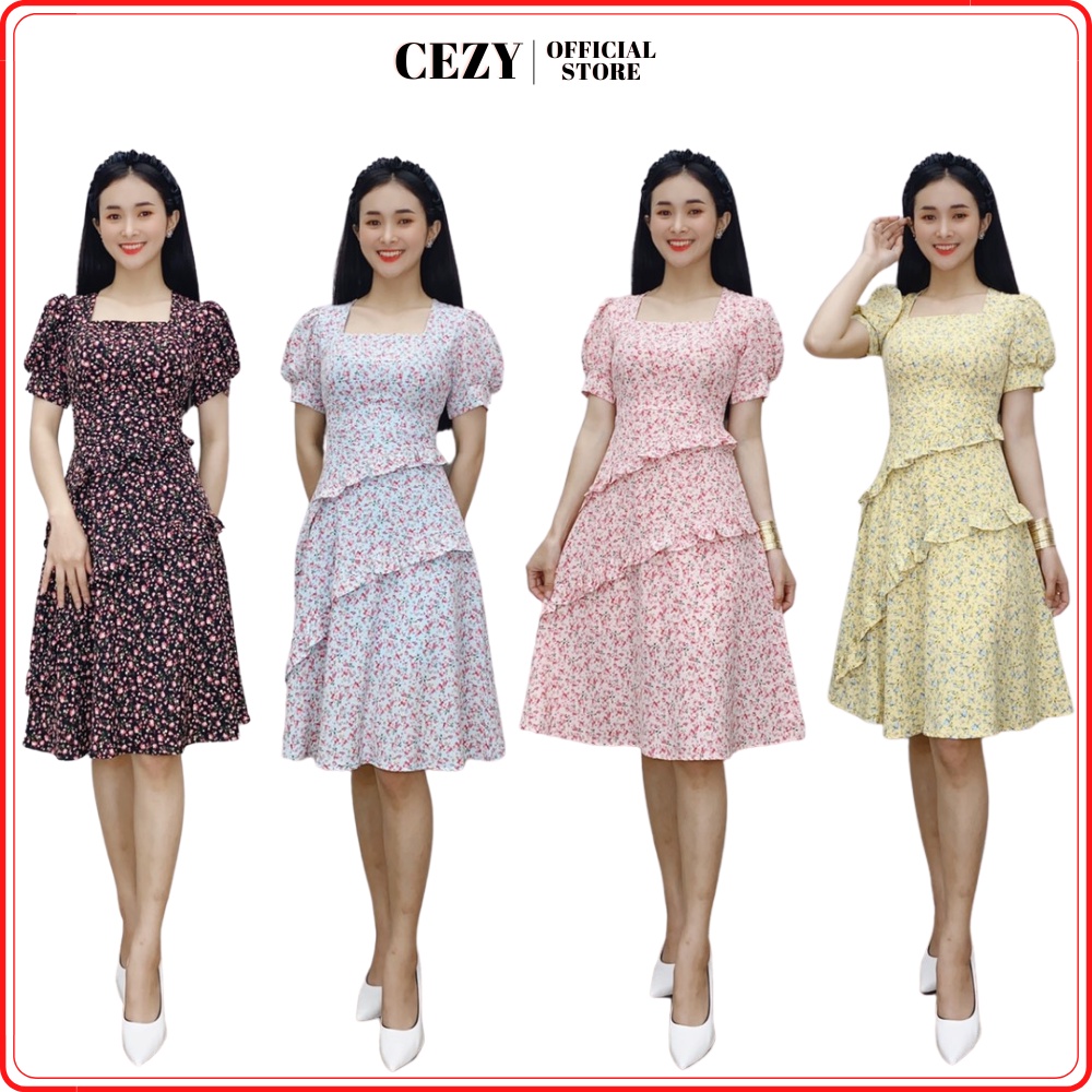 Đầm cổ vuông tay phồng họa tiết hoa nhí phối bèo tầng có size bigsize CEZY D90