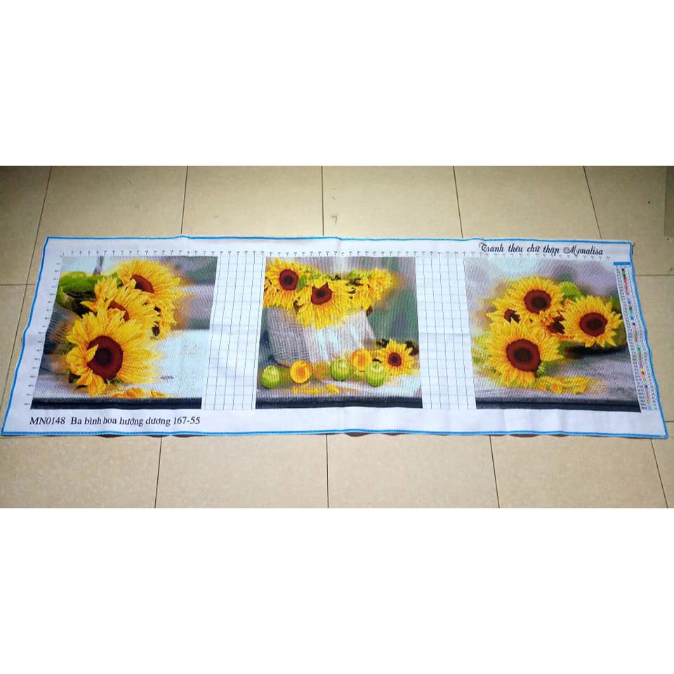 Tranh thêu chữ thập bộ hoa hướng dương 3 bức 55*55*3cm