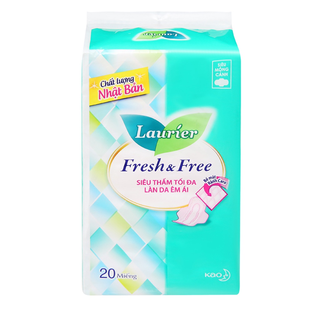 Băng vệ sinh Laurier siêu mỏng cánh siêu thấm tối đa Fresh &amp; Free (Gói 20 miếng)