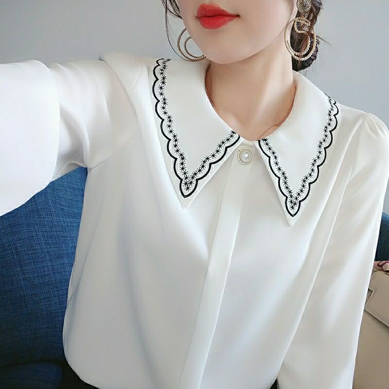 Áo sơ mi voan tay dài thêu họa tiết thời trang phong cách Hàn Quốc