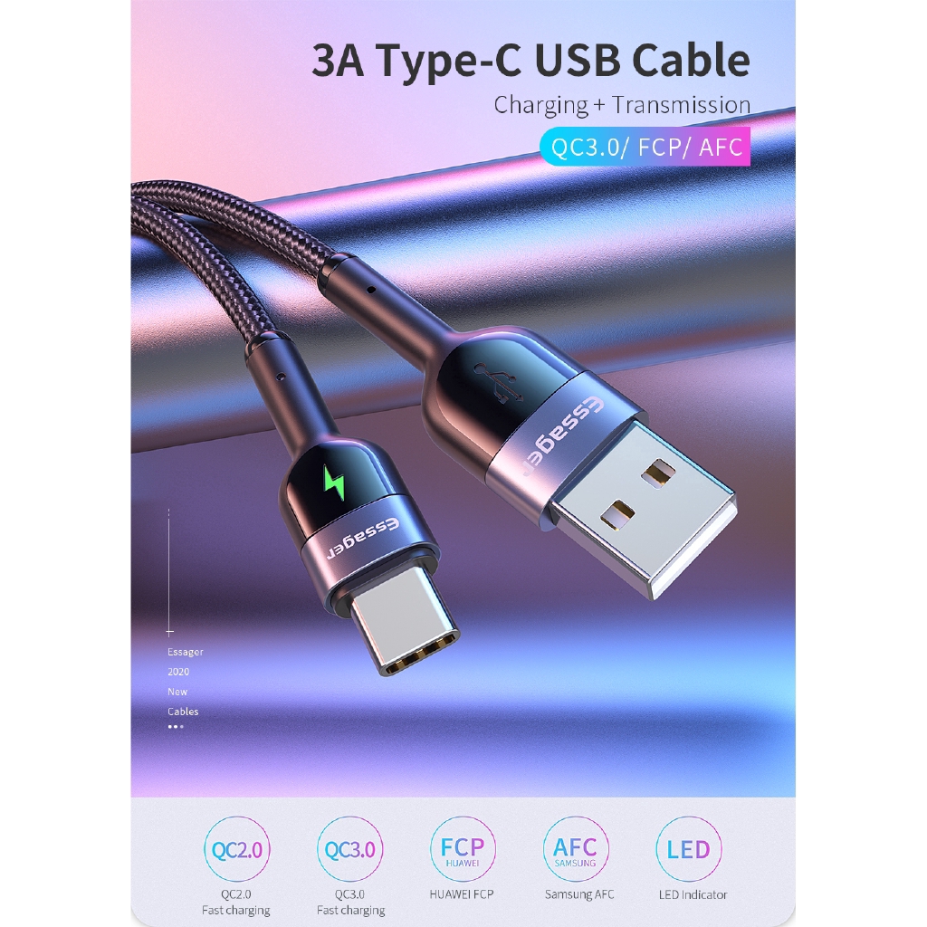 Dây cáp sạc nhanh Essager đầu USB Type C có đèn LED cho Samsung S20 S10 Xiaomi