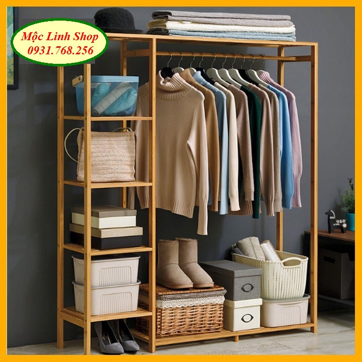 Tủ Treo Quần Áo Gỗ Tre 3 Gian Có Kệ Đa Năng Mộc Linh - Gỗ Tre Nhập Khẩu, Chống Mối Mọt, Chịu Lực Tốt