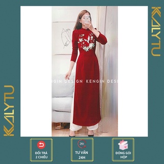 Áo dài cách tân vải nhung màu đỏ thêu nổi mặc tết set váy cách tân mặc tôn dáng có kèm quần - KALYTU.