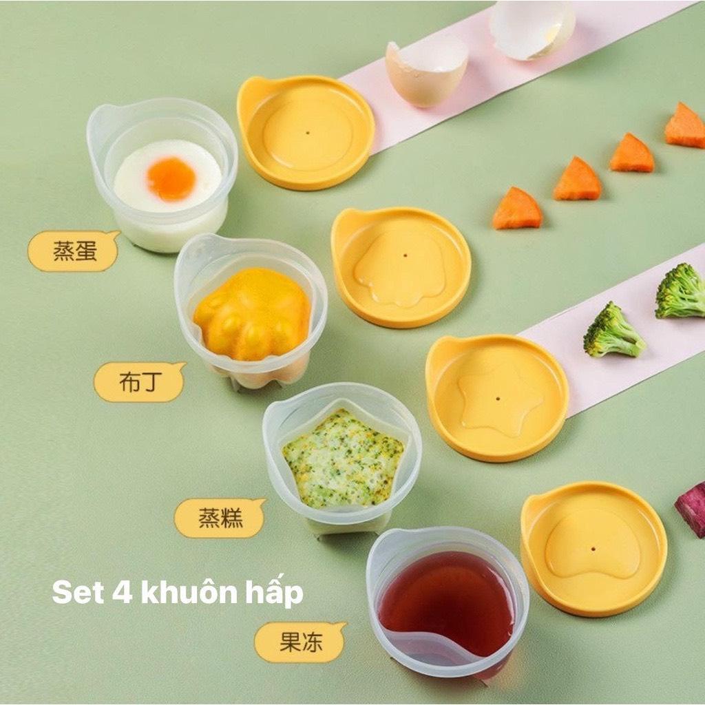 Set 4 khuôn Hấp Trứng Làm Bánh cho bé, làm Caramen Thạch Flan kèm chổi quét silicon mesocshop