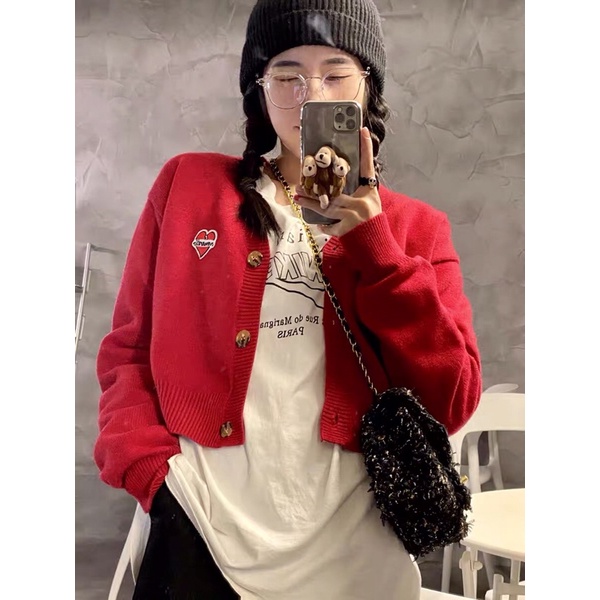 Áo khoác cardigan nữ dáng dài tay màu đỏ phong cách hàn quốc