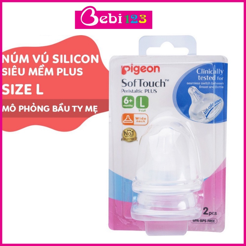 Set 2 núm ty vú Pigeon Plus cổ rộng silicon siêu mềm size S, M, L, LL, LLL cho bé