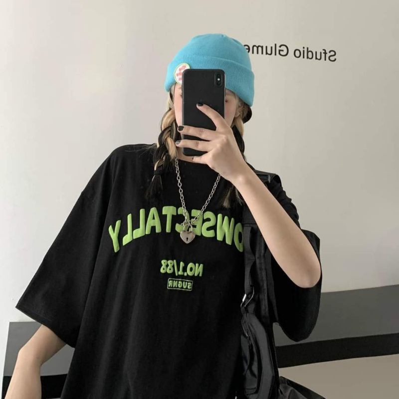 Áo phông tay lỡ nam nữ unisex cổ tròn form rộng in dòng chữ xanh