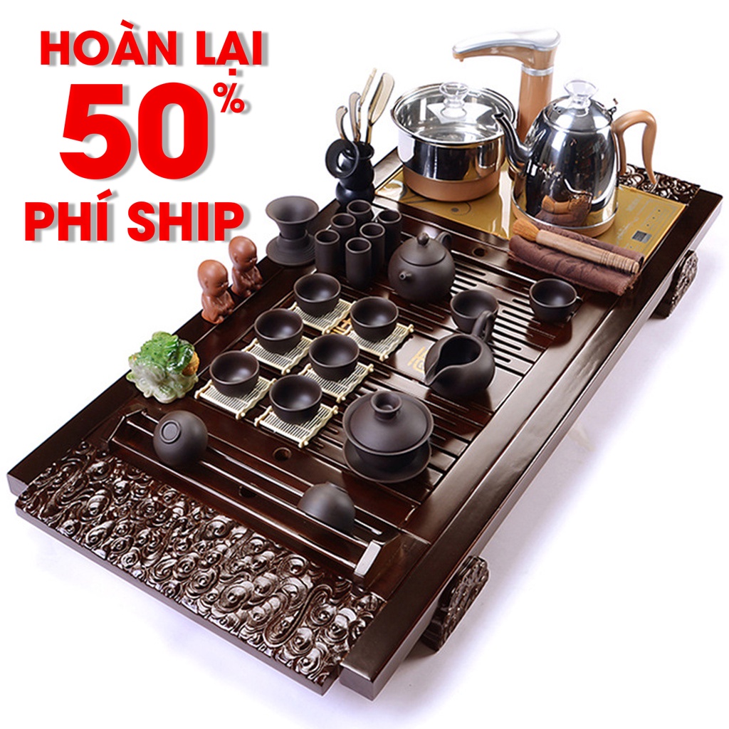 Bàn Trà Điện Gỗ Sồi Trạm Khắc Vân Hoa Kèm Bếp Tự Đun Và Bộ Trà Ấm Tử Sa Bảo Hành Đổi Mới 12 Tháng