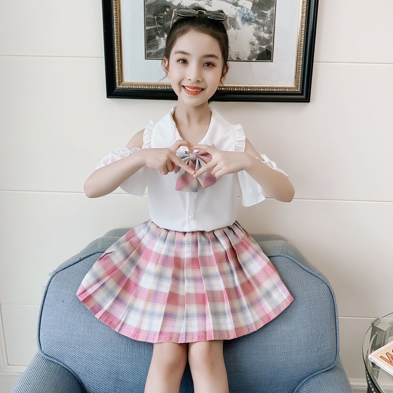 Bộ Đồng Phục Áo Sơ Mi Phối Chân Váy Xếp Ly Phong Cách Phương Tây Dễ Thương Thời Trang Mùa Hè Cho Bé Gái