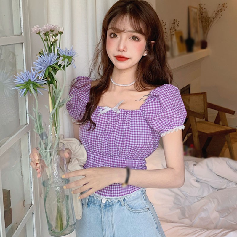 Áo Tay Phồng Cổ Vuông Họa Tiết Ca Rô Xinh Xắn Dễ Thương Dành Cho Nữ