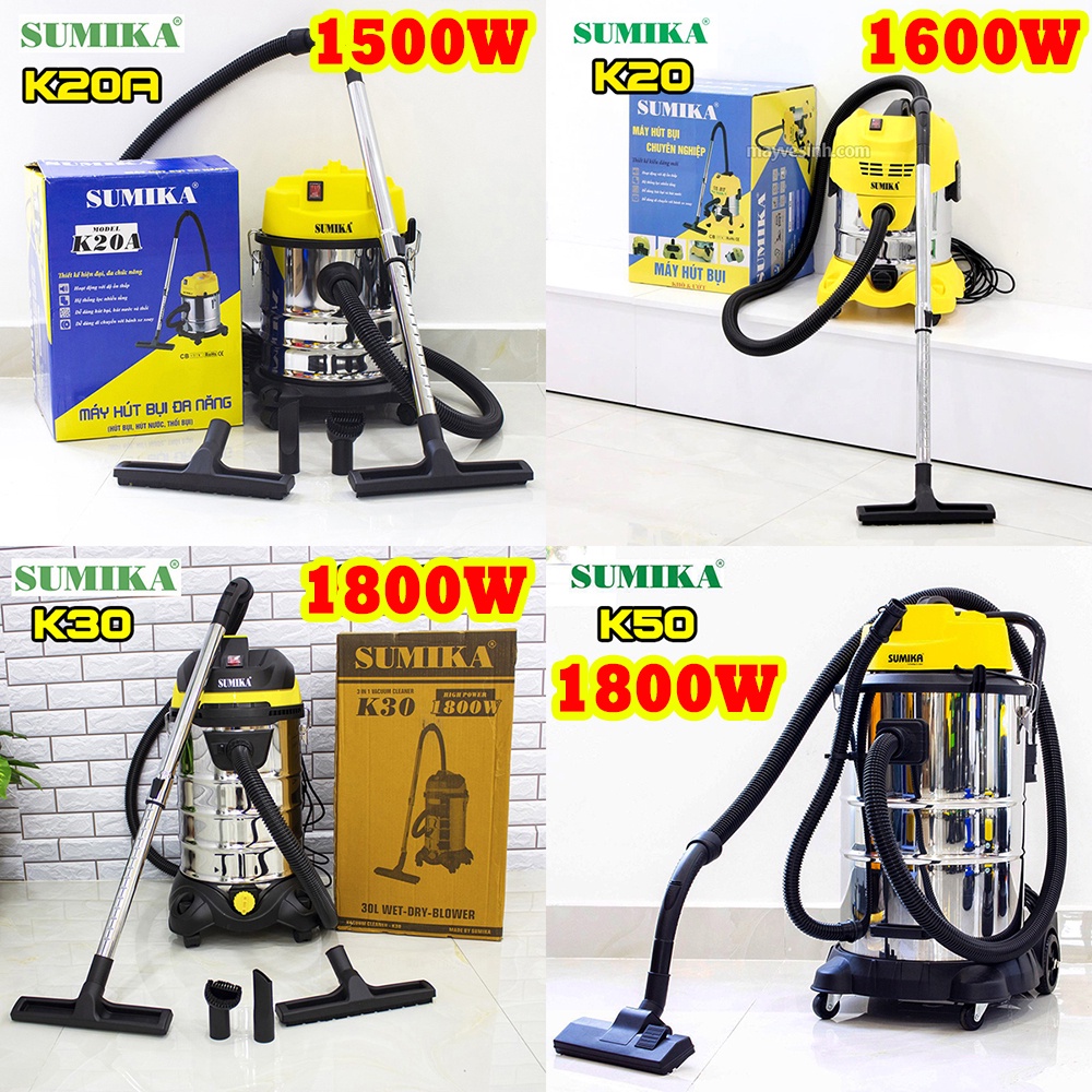 4 Mẫu Máy hút bụi công nghiệp Sumika K20,K20A,K30,K50 - 1500W-1600W-1800W (Hút khô và hút nước thổi) bảo hành 1 năm