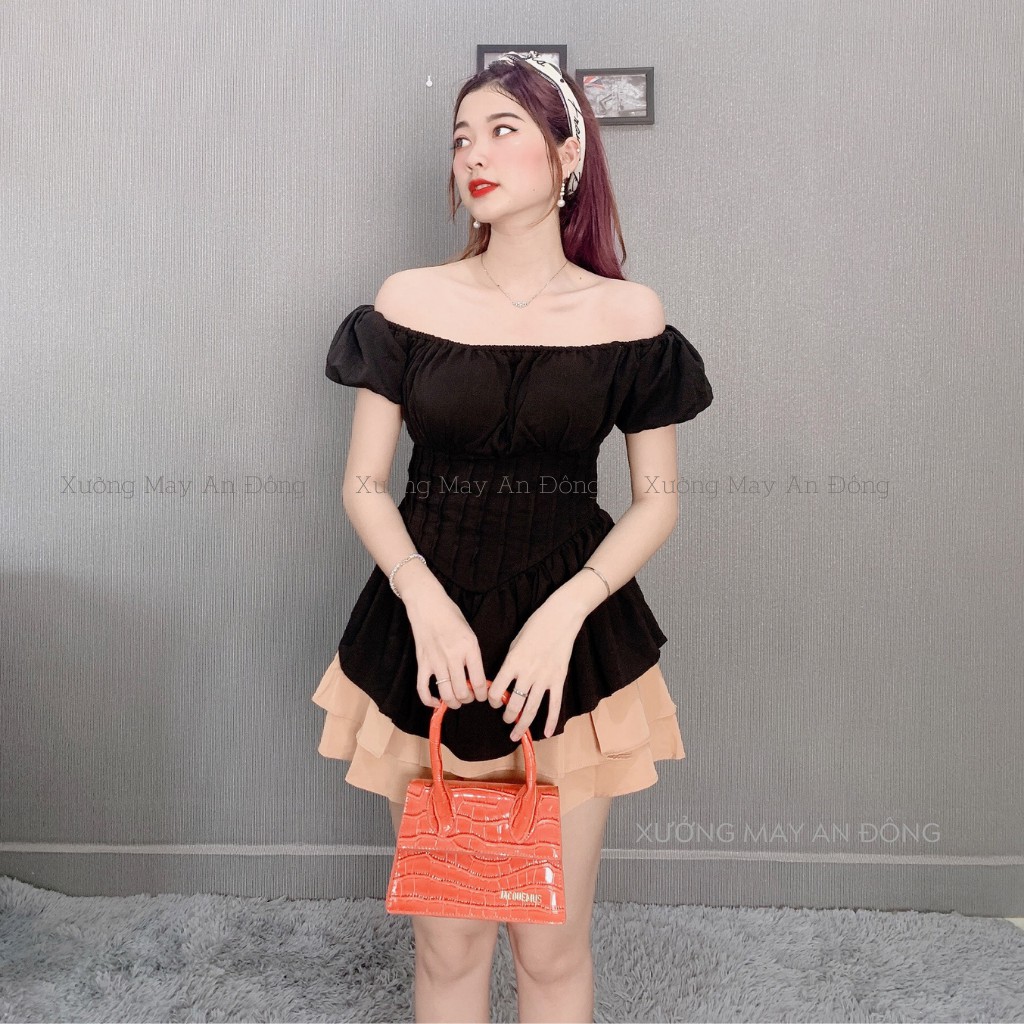 Set Áo Trễ Vai Tay Bồng Cúp Ngực Phối Chân Váy Xòe Xếp Ly 3 Tầng Màu Trắng - Đỏ