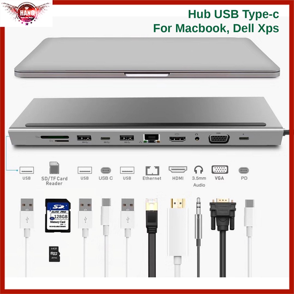 Hub USB C ra 11 cổng dùng cho laptop táo Pro,kiêm đế tản nhiệt nhôm cao cấp - Hồ Phạm