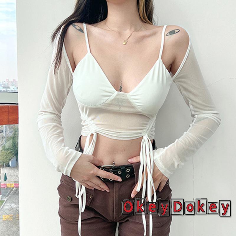 Áo Croptop Tay Dài Phối Lưới Dây Rút Thời Trang Quyến Rũ Cho Nữ