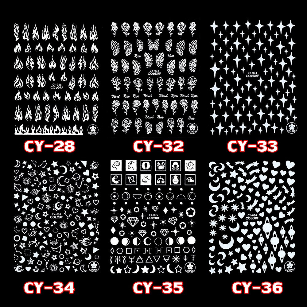 [Hàng mới về] Bộ 1/ 6 miếng dán móng tay họa tiết cánh bướm/ hoa hồng/ ngôi sao 3D phát sáng trong bóng tối