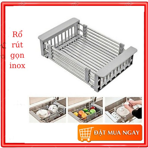 Rổ rút gọn inox đựng chén bát, rau quả kê bồn rửa bát, đồ gia dụng MUADDI