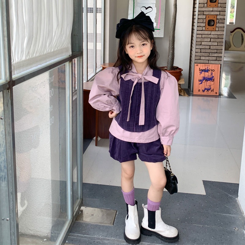 Set Áo Sơ Mi Tay Dài Và Quần Short Màu Tím Thời Trang Mùa Thu 2022 Mới Cho Bé Gái