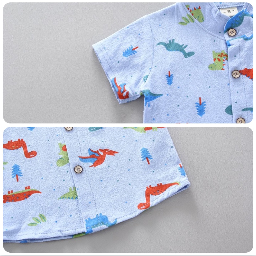 Áo sơ mi tay ngắn cổ đứng hình khủng long và quần ngắn BABEPROUD thời trang mùa hè cho bé trai 1 - 6 tuổi
