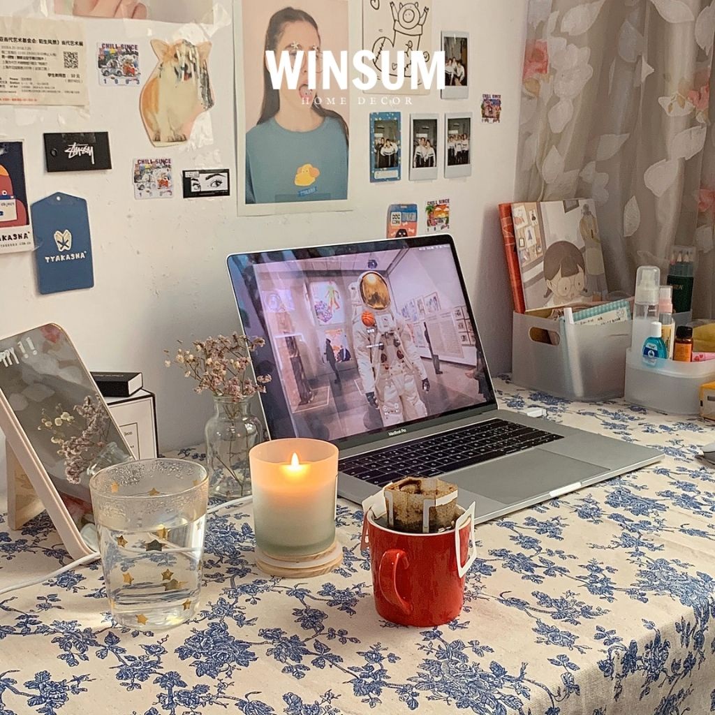 Khăn trải bàn hoa xanh phong cách vintage vải canvas dày dặn - Winsum.decor