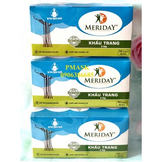 Combo 3 hộp Khẩu trang Meriday 3 lớp màu Xanh 50 cái/ Hộp Chính hãng Bông Bạch Tuyết - Khẩu trang hỗ trợ kháng khuẩn