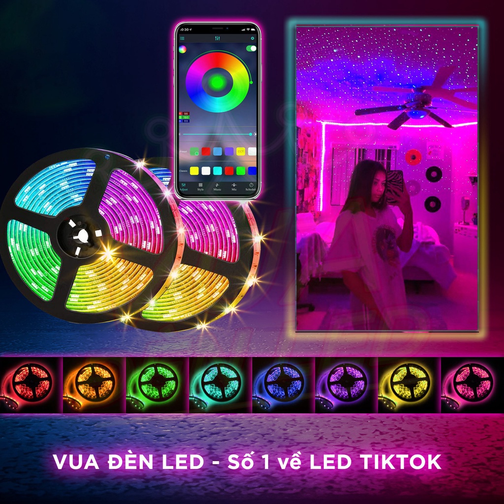 Đèn LED 5m RGB 16 triệu Màu Điều Khiển Bằng Điện Thoại, Nháy Theo Nhạc - Dây LED RGB Trang Trí Decor Phòng