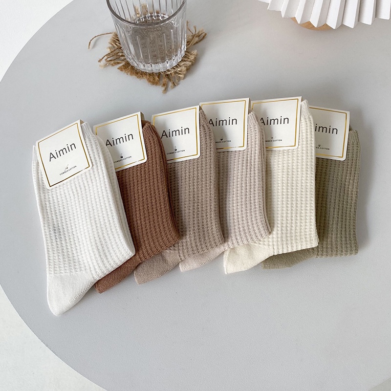 Vớ Cotton Cổ Vừa Màu Cà Phê Phong Cách Retro Mới