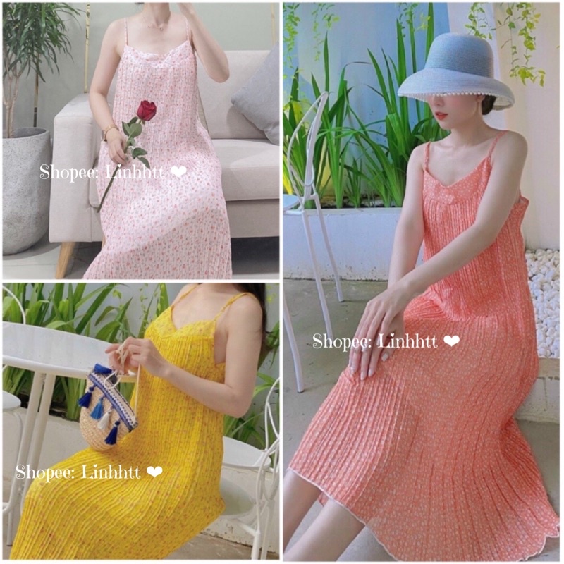 Váy hoa 2 dây xếp ly dáng suông maxi bầu bí thoải mái