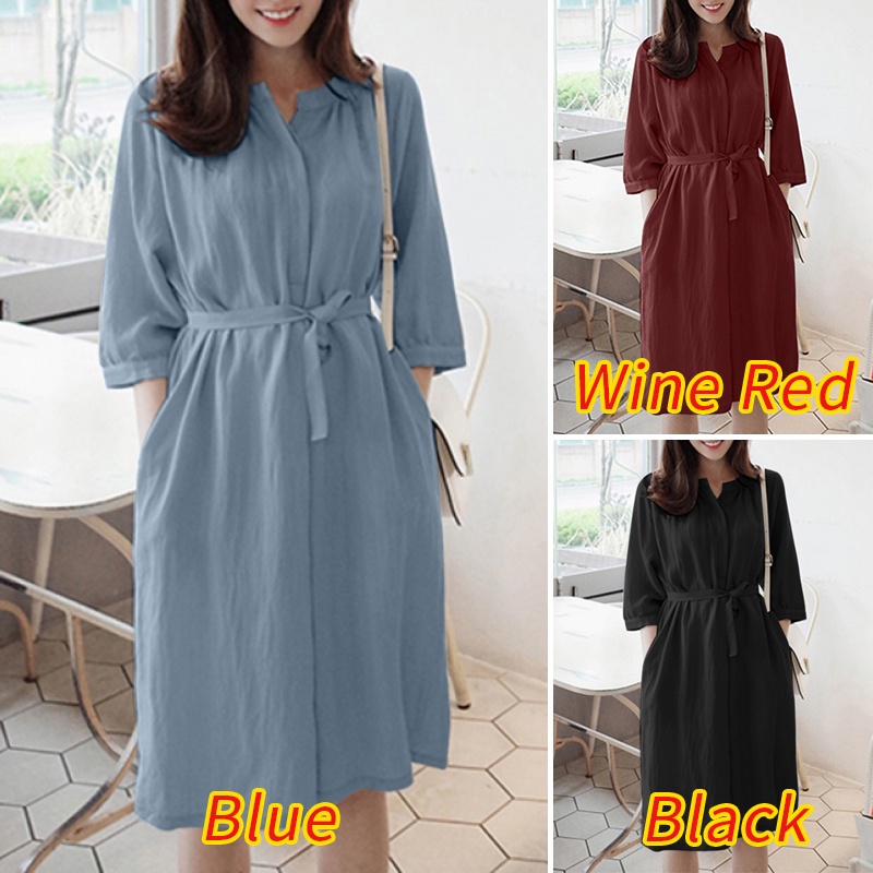 Đầm midi Zanzea tay 3/4 cổ tròn dáng rộng thời trang cho nữ