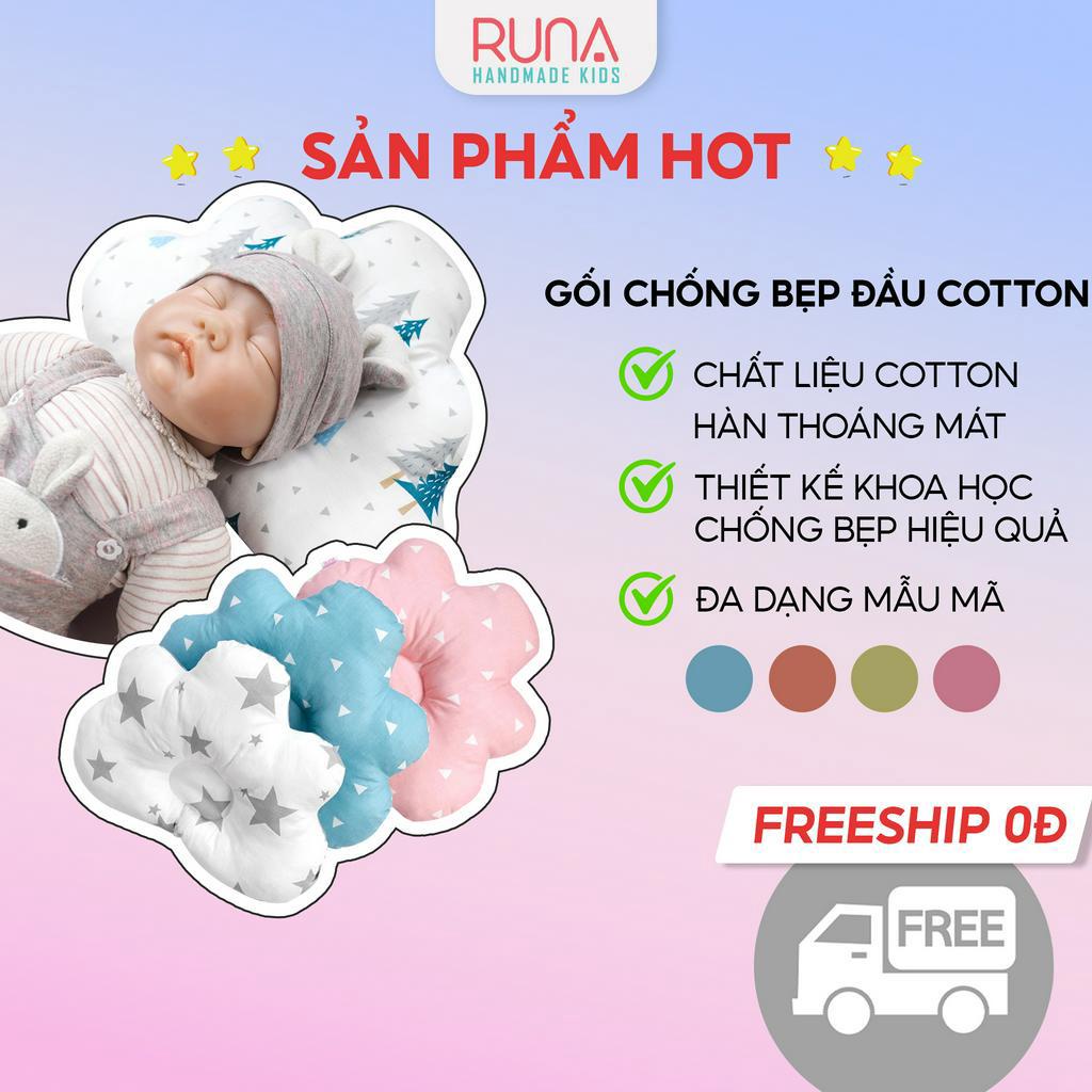 Gối chống bẹp đầu cho trẻ sơ sinh RUNA KIDS Cotton Hàn 100% cao cấp mềm mịn giúp bé ngủ ngon