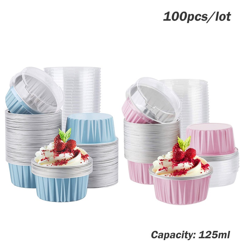 Set 100 Cốc Lá Nhôm 125Ml Có Nắp Dùng Một Lần Để Làm Bánh Muffin